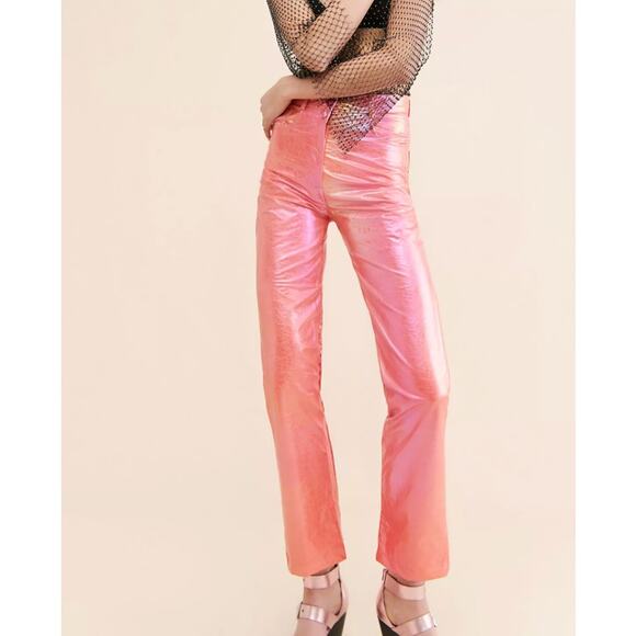 Free People Pants - Free People Laagam Twiggy Metallic Pink High-rise Straight Leg Pants, size XS